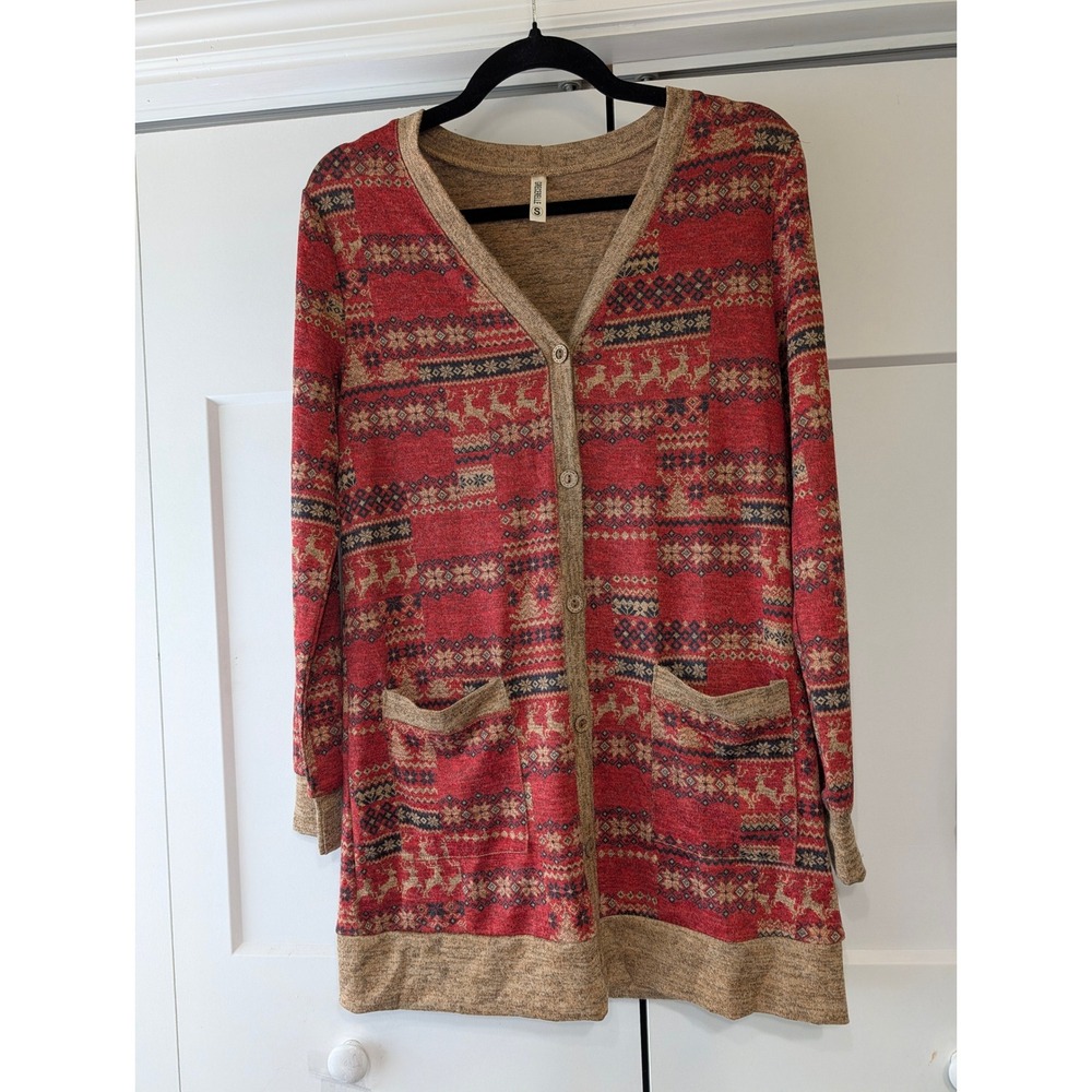 Grecerelle Red Fair Isle Reindeer Longline Cardigan Sweater Pockets Small